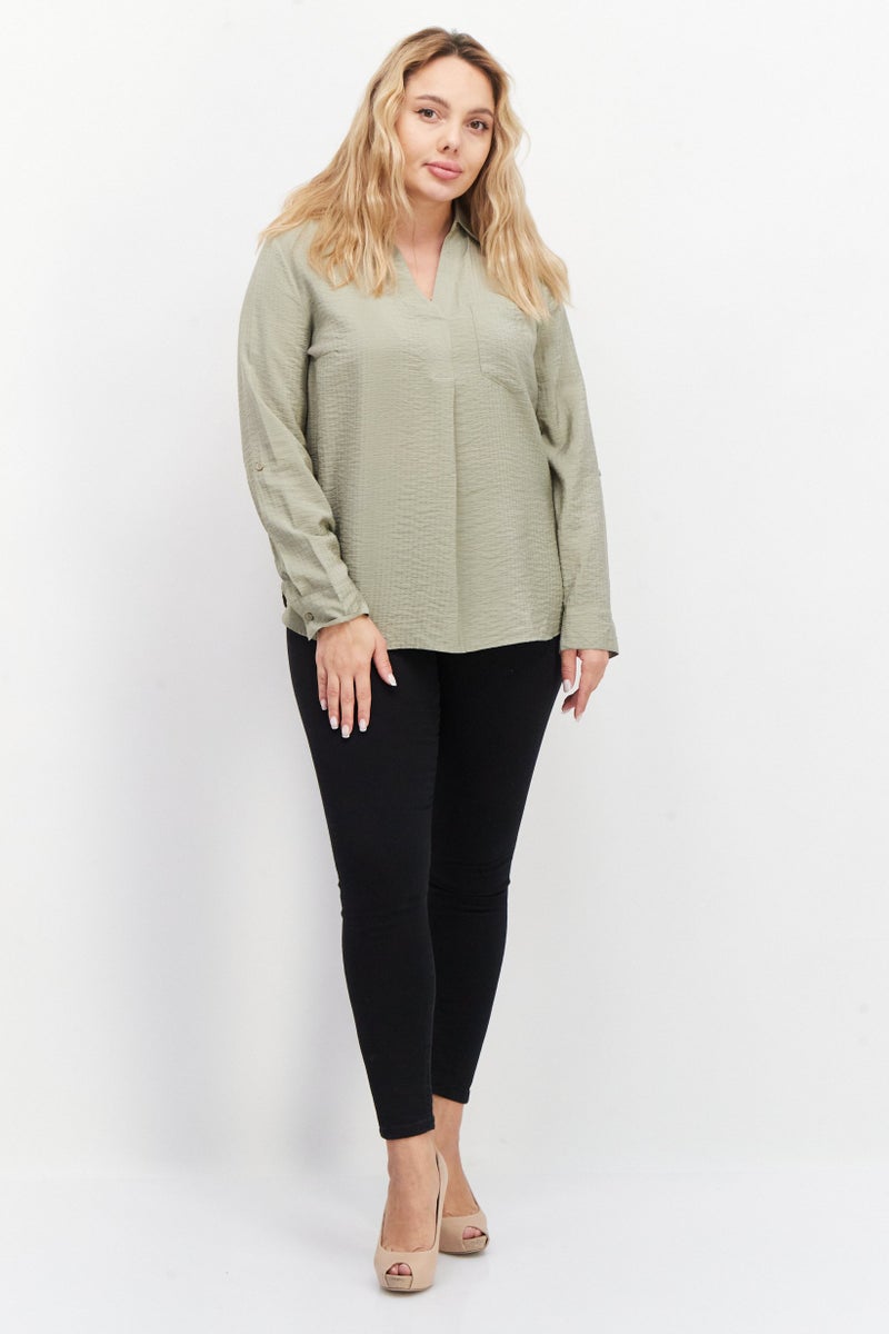 Zero Women Spread Collar Long Sleeve Textured Shirt, Olive - Image 2